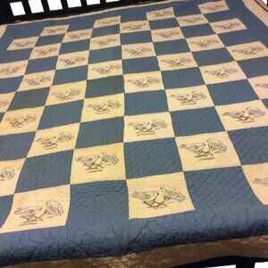 Handmade Four Patch Squares Quilt Embroidered Love Birds Blue White STAINED